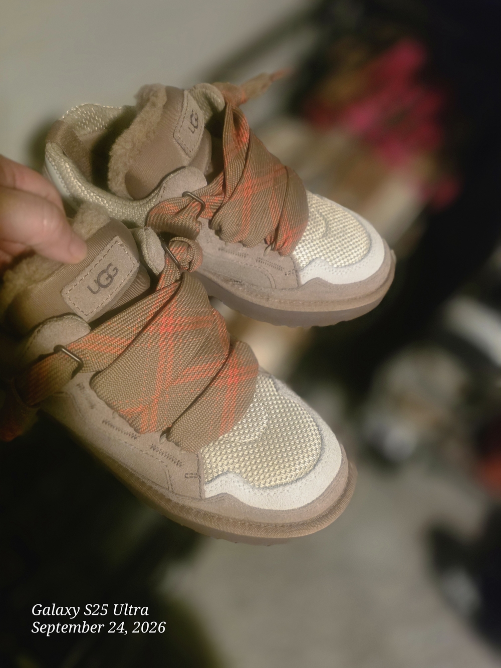 UGG Beige Sneakers with Orange Plaid Accents